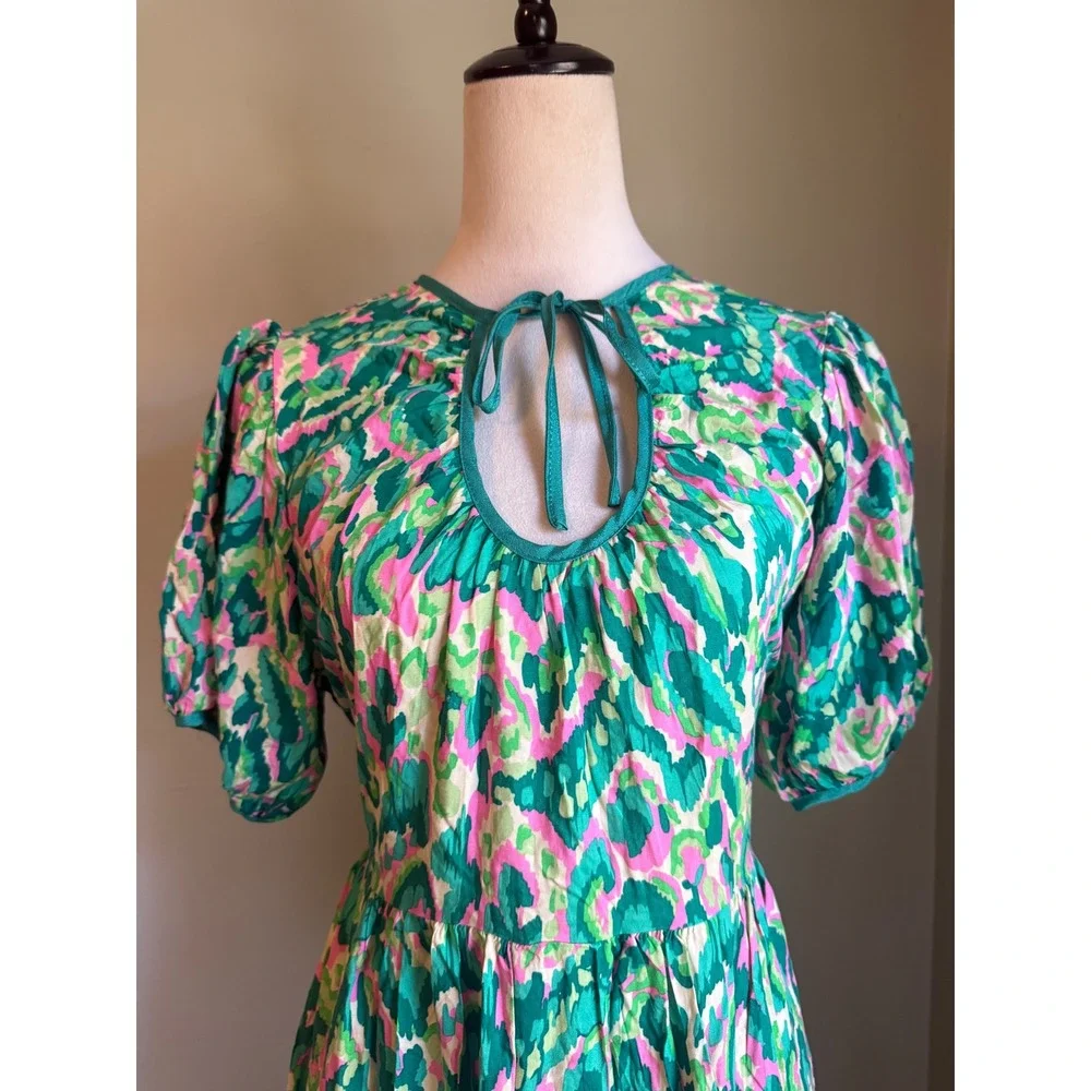 Green Pink Midi Dress Keyhole boho cottage whimsi fairy Y2K  Puff Sleeve Rayon L - Picture 3 of 7